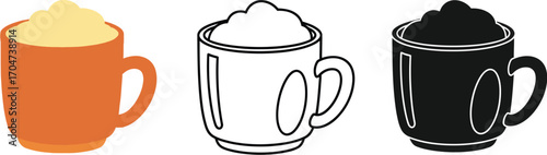 Three stylized mugs of hot beverage with whipped cream, presented in different artistic styles.