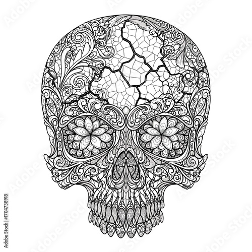 Intricate Ornamental Victorian Gothic Skull Design with Dark Lace Filigree Patterns