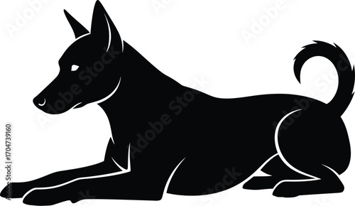 Sleek black dog silhouette resting peacefully on a clean white background
