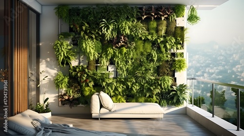 Fototapeta Naklejka Na Ścianę i Meble -  Lush vertical garden oasis creating a serene and natural living space on an urban balcony