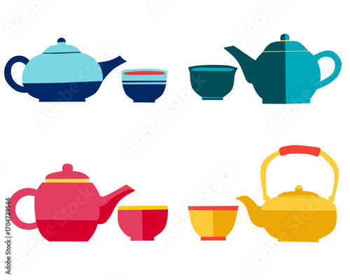 Set of various cups  and teapots. Hand drawn colorful Vector illustration. Tea party, ceremony
