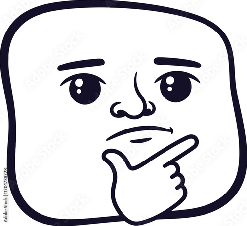 Expressive cartoon face contemplating with a thoughtful gesture.