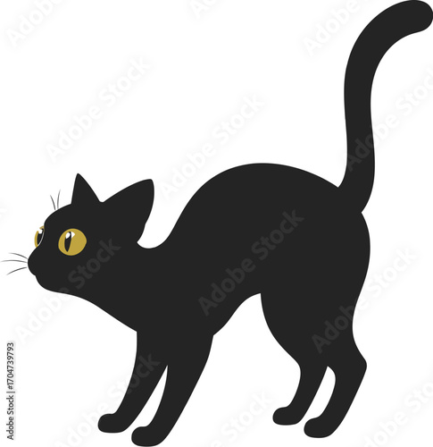 Sleek black cat with bright yellow eyes arches its back, ready to play.