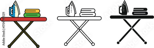 Ironing board with iron and folded clothes, presented in three styles: color, outline, and silhouette.