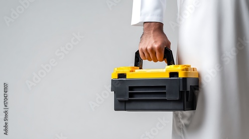 Close Up of a Muslim Man Hands Holding a Black Yellow Repair Box – Suitable for Be Used in Blog Posts, Social Media Posts and Website Content Related to Construction, Automotive & Maintenance Themes