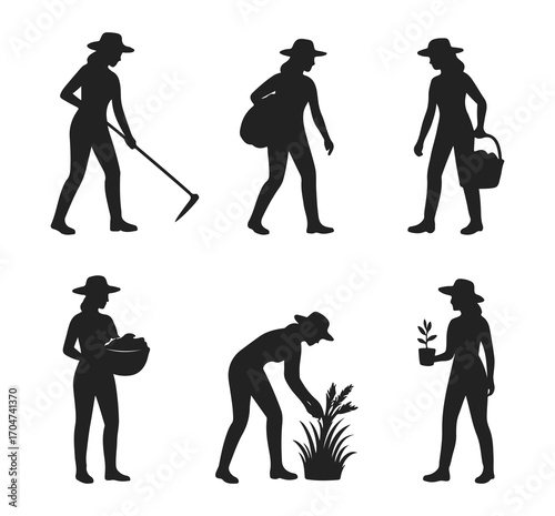Silhouette set of women farmers working in fields, carrying baskets, planting, harvesting and gardening activities on white background for agriculture design.
