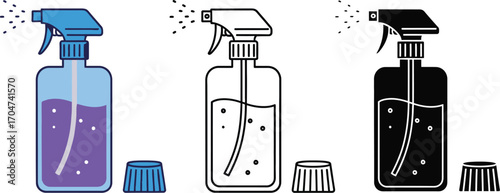 Set of three colorful spray bottles with cleaning liquid and scattered droplets