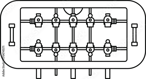 Classic foosball table top view, ready for a fun game.