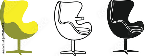 Modern egg chair in yellow, line art, and silhouette for versatile design