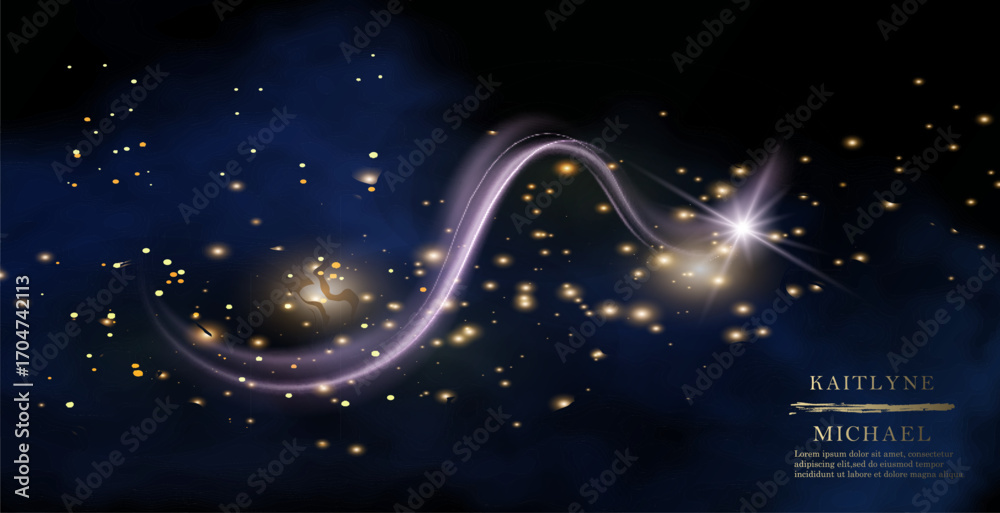Fototapeta premium Magic night dark blue sky with sparkling stars vector wedding invitation. Andromeda galaxy. Gold glitter powder splash background. Golden scattered dust.
