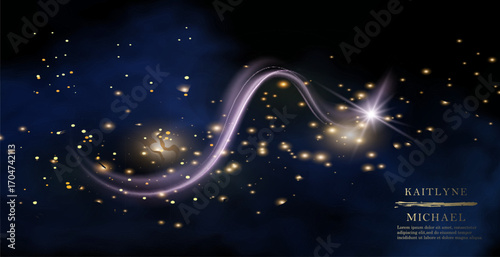 Magic night dark blue sky with sparkling stars vector wedding invitation. Andromeda galaxy. Gold glitter powder splash background. Golden scattered dust.