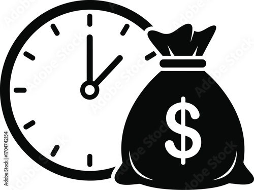 Iconic representation of time is money with a clock and money bag.