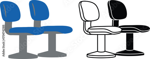 Two empty chairs, one blue and one black and white outline, waiting for people.
