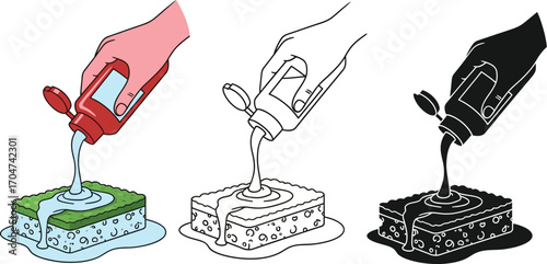 Hand squeezing liquid soap or cleaner onto a sponge with water