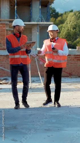 Construction workers are onsite, diligently wearing their necessary safety gear