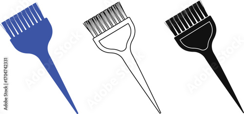 A set of three hair dyeing brushes, including one blue, one outline, and one black, isolated on a white background.