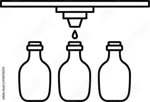 Automated filling process for bottles on a production line, symbolizing efficiency and manufacturing.