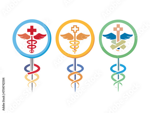 Set of Caduceus snake icons Flat Styles. Rod of Asclepius signs. Medical center, pharmacy, hospital with popular symbols of medicine. Medical health care logo editable stock on transparent background.