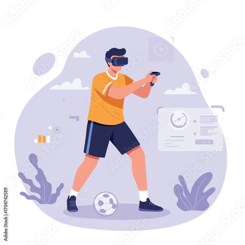 Modern Vector Illustration of a Boy Using Virtual Reality Headset with Gaming Elements in Flat Style in Bright Colors