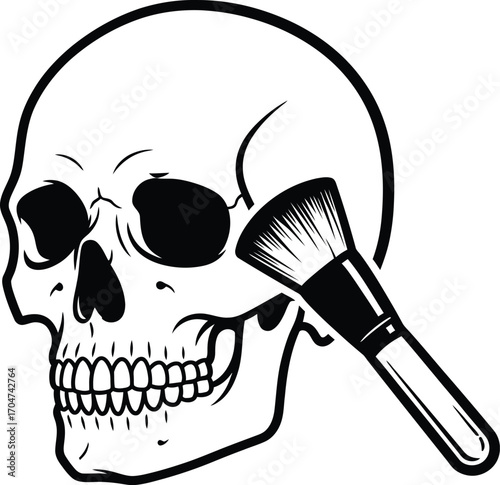skull being adorned with makeup brush, creating a striking contrast.