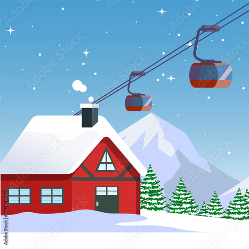 Red Ski Lift Gondolas moving in Snow Mountains. Winter Scene Illustration.