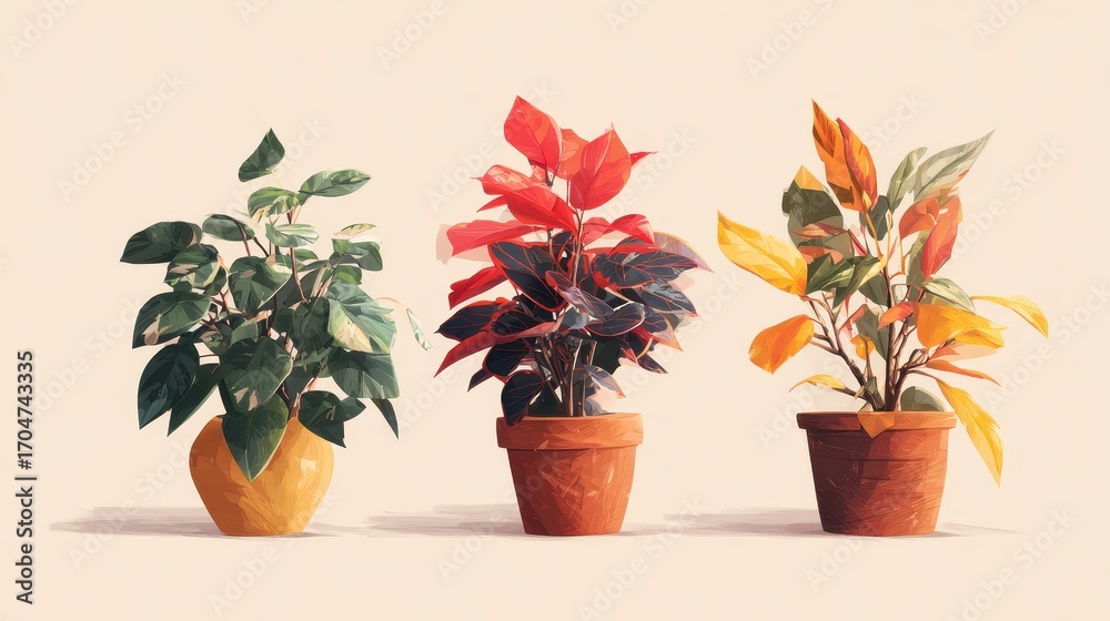 Fototapeta premium Trio of Vibrant Potted Plants - Green, Red, and Multi-Colored Foliage on Cream Background.