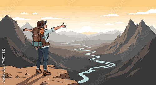 Adventurous Woman Embraces Nature's Grandeur In Illustrated Mountain Scene