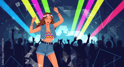 Groovy Party Vibes Young Woman Dancing in a Crowd with Colorful Lights