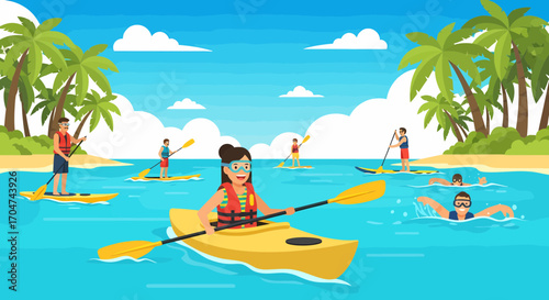 Tropical Getaway People Enjoying Water Sports At The Beach