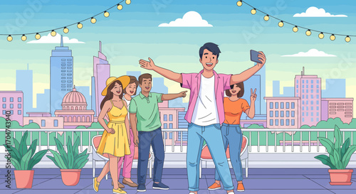Rooftop Gathering Friends Taking Selfie With Cityscape Background