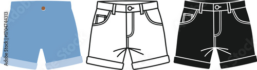 Three styles of denim shorts, showcasing a blue denim, a white outline, and a black version.