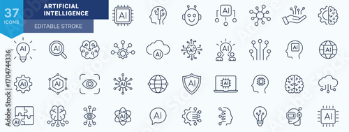 Artificial intelligence icon set, line style. Machine Learning, AI, Brain, Robot, Bot, Innovation and AI technology icons minimal thin line web icon set. Outline icons collection. Vector illustration