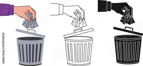 Hand discarding crumpled paper into a trash can, shown in three different illustration styles