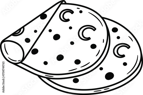 Simple line drawing of two flatbreads with crescent moon and polka dot pattern