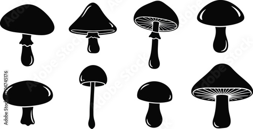 Collection of various black mushroom silhouettes on a white background