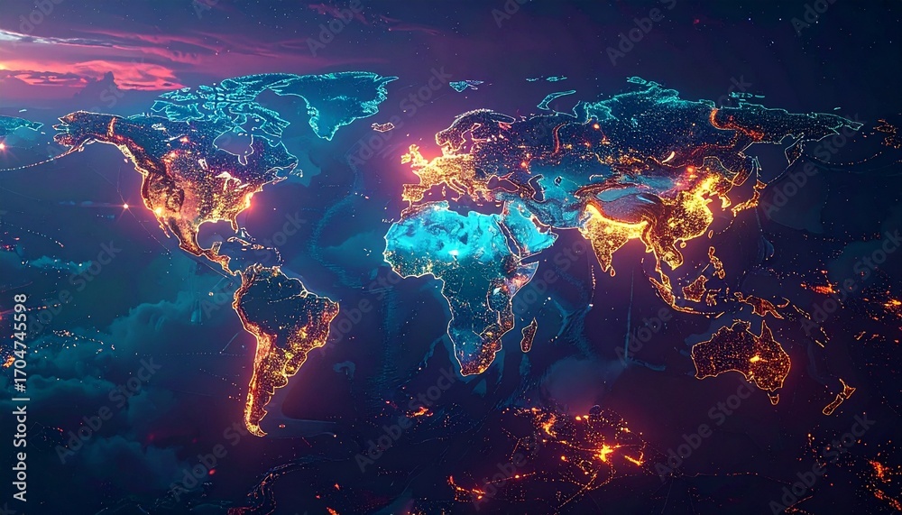 Fototapeta premium Global Digital Currency Network Visualization,Global digital currency network concept, holographic world map with cryptocurrency connections, cyberpunk style visualization