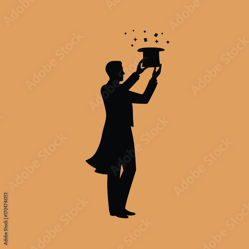 Minimalist Vector Illustration of Man with Top Hat Performing Magic in Vintage Style with Monochrome Black Silhouette on Beige Background