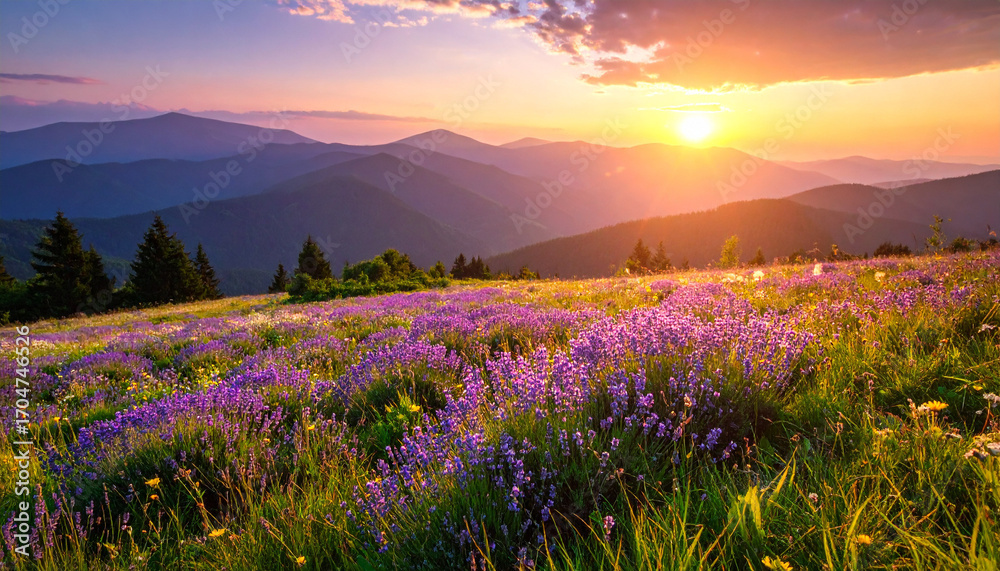 Fototapeta premium Pastel Lavender Meadow at Mountain Sunset