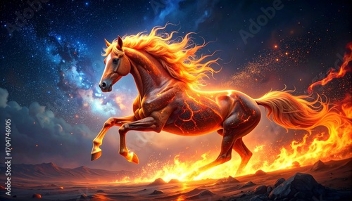 Stunning digital art of a majestic Fire Horse symbolizing 2026, the Year of the Fire Horse. Dynamic flames and a starry sky capture strength, passion, and prosperity in this epic fantasy scene.