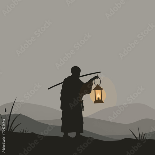 Silhouette Vector Illustration of Monk Carrying Lantern in Minimalist Night Scene in Monochrome Tones