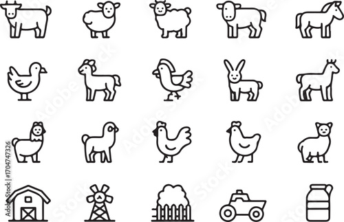 Collection of simple line art farm animal and building icons