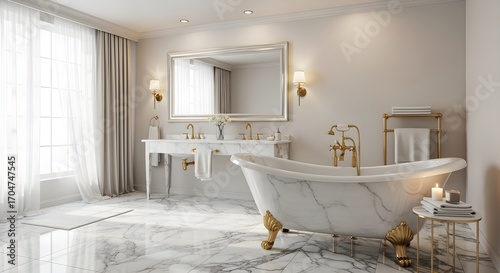 Elegant marble bathroom with freestanding tub double vanity and large mirror