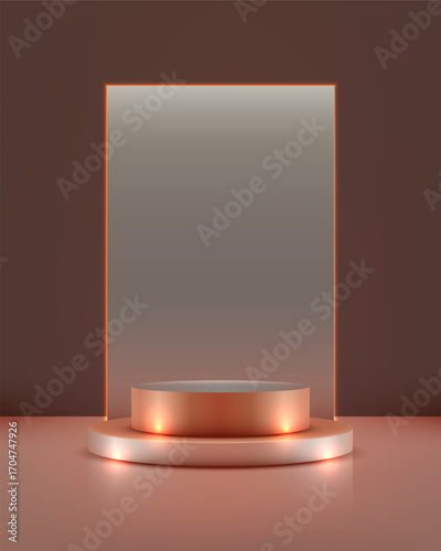luxury modern 3d podium with rose gold stage and orange light backdrop for product display presentation mockup showroom showcase elegant minimal design background