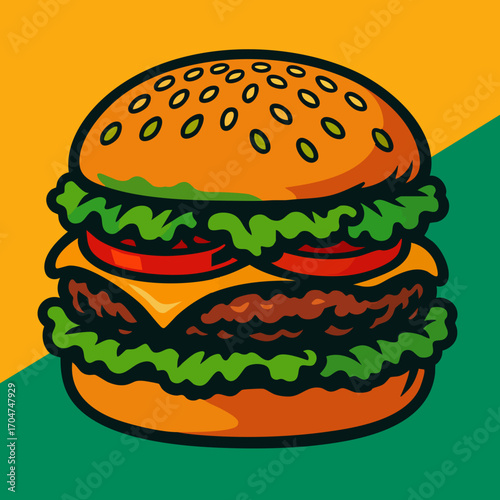 Double Cheeseburger with Lettuce and Tomato – Cartoon Vector Illustration