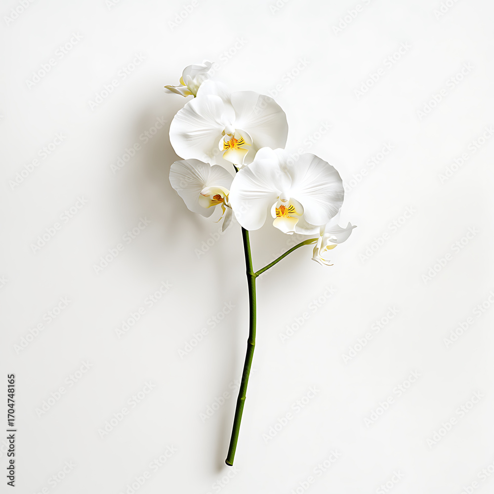 Obraz premium White orchid flowers on a green stem against a plain white background