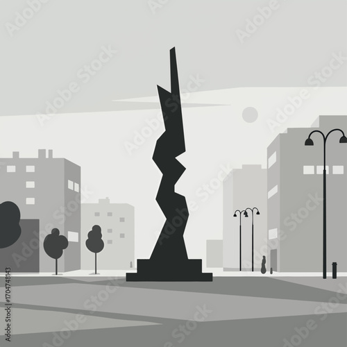 Minimalist Vector Illustration of Urban Park Scene Featuring Abstract Monument in Monochrome Style