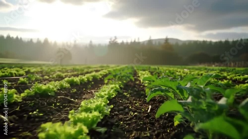 Lettuce field Lush rows of green plants under dramatic sky Agriculture landscape Fresh produce concept