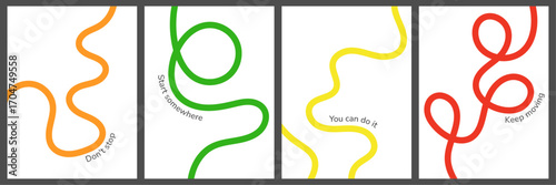 A vibrant design, minimalist posters with wavy lines and motivational quotes, conveying a sense of energy and positive movement