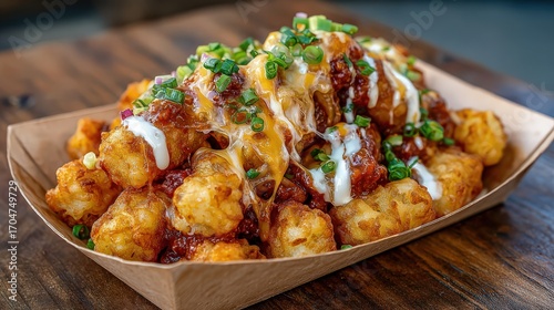 Loaded tater tots with chili meat sauce, melted cheddar and white sauce