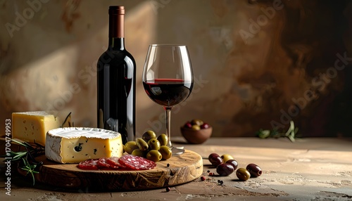 Wine Bottle, Glass, and Cheese Board with Salami and Olives